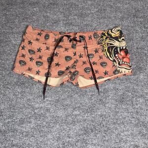 Vtg Ed‎ Hardy Boardshorts Mens Large Orange Tiger AOP Tattoo Swim Trunks USA Y2K